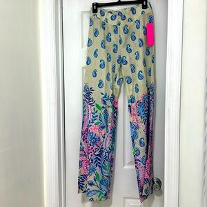 Lilly Pulitzer Beige Paisley Wide Leg Pants with Pink & Blue Floral Border